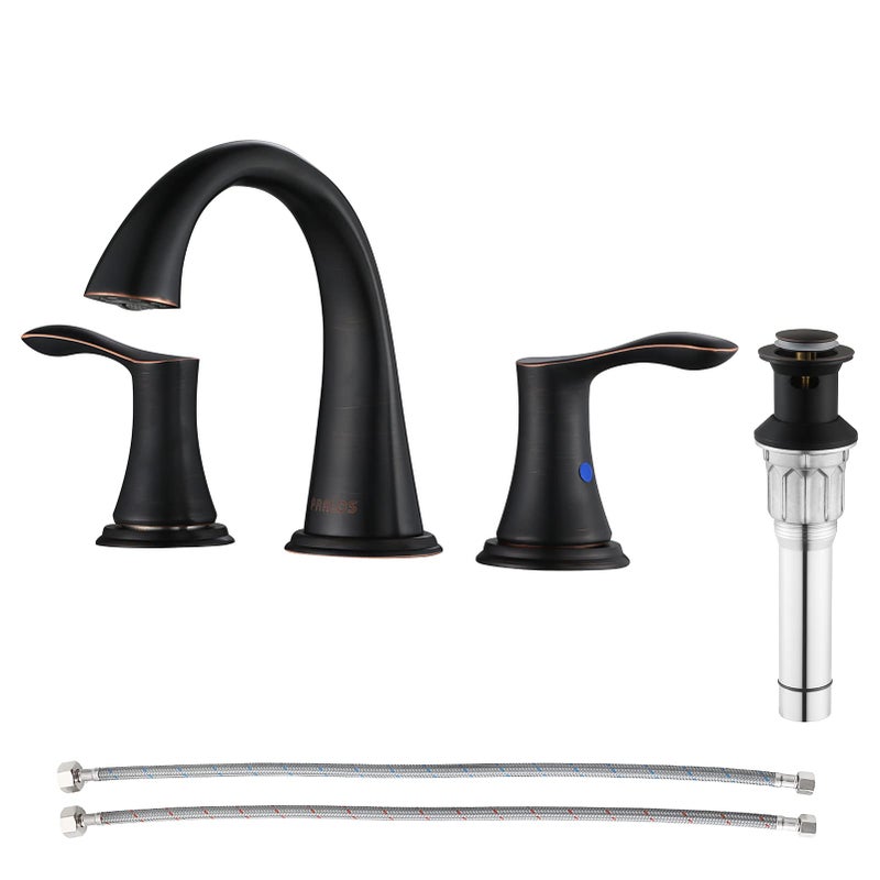 PARLOS 2 Handles Widespread Bathroom Faucet with Metal Pop Up Sink Drain and Supply Lines, Oil Rubbed Bronze, Demeter, 13648 - Image 1